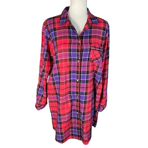 NWT Victoria's Secret Red Purple Plaid Cotton Sleep Shirt Size M - Picture 1 of 15